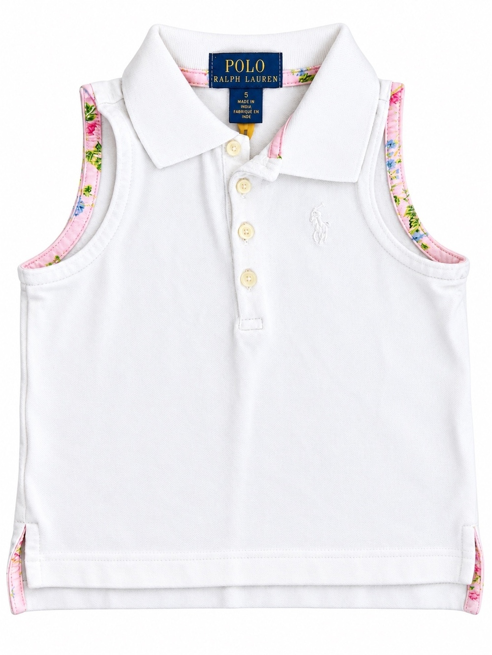 Polo Ralph Lauren Girls White Sleeveless Polo Shirt Size 5 Floral Trim Preppy
